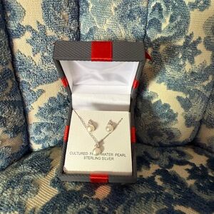 Cultured Pearl and Sterling Silver Necklace and Earrings Set